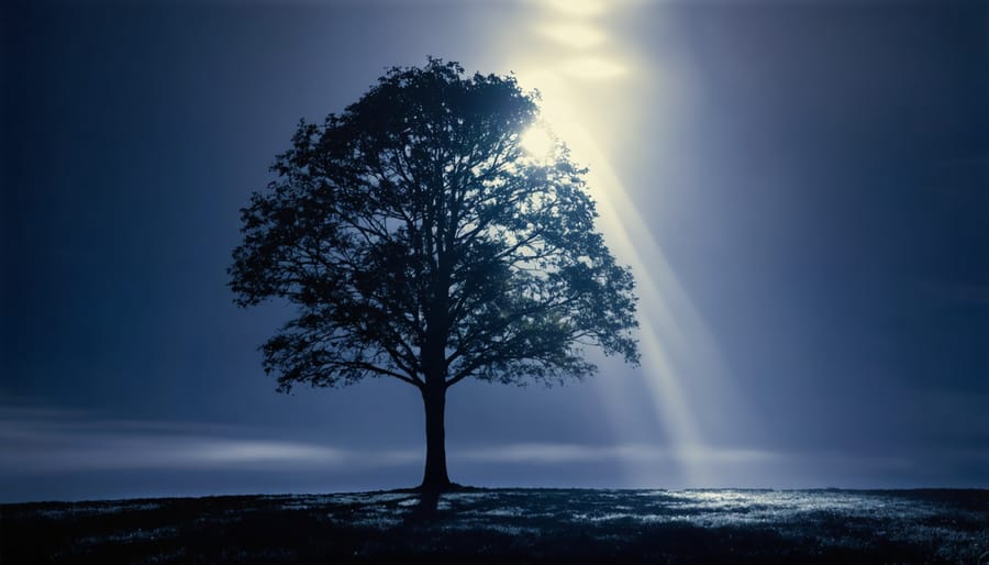 Large tree illuminated from ground level creating dramatic shadows and highlights