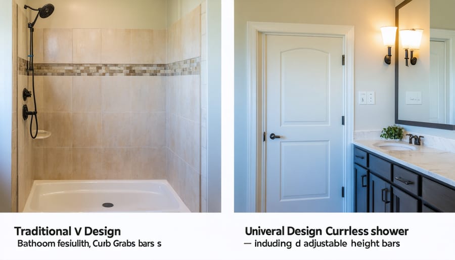 Side-by-side comparison of traditional and universal design bathroom layouts highlighting accessible features