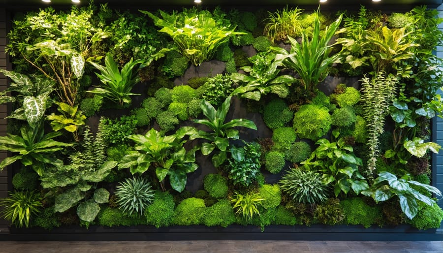 Floor-to-ceiling green wall with diverse plant species in an office space