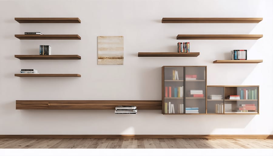 Wall-mounted office storage system featuring adjustable shelves and concealed storage compartments