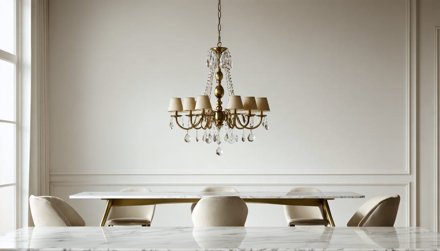 Contemporary dining space with vintage brass chandelier