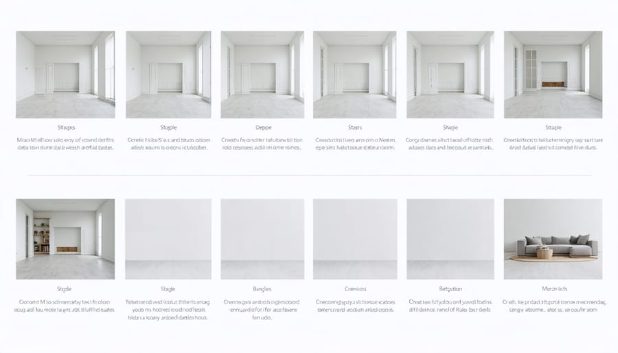 Progressive stages of virtual staging process from empty room to finished design