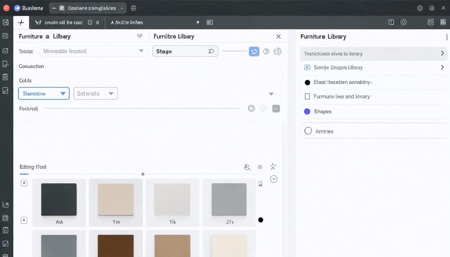 Virtual staging software interface with furniture selection panel and editing options