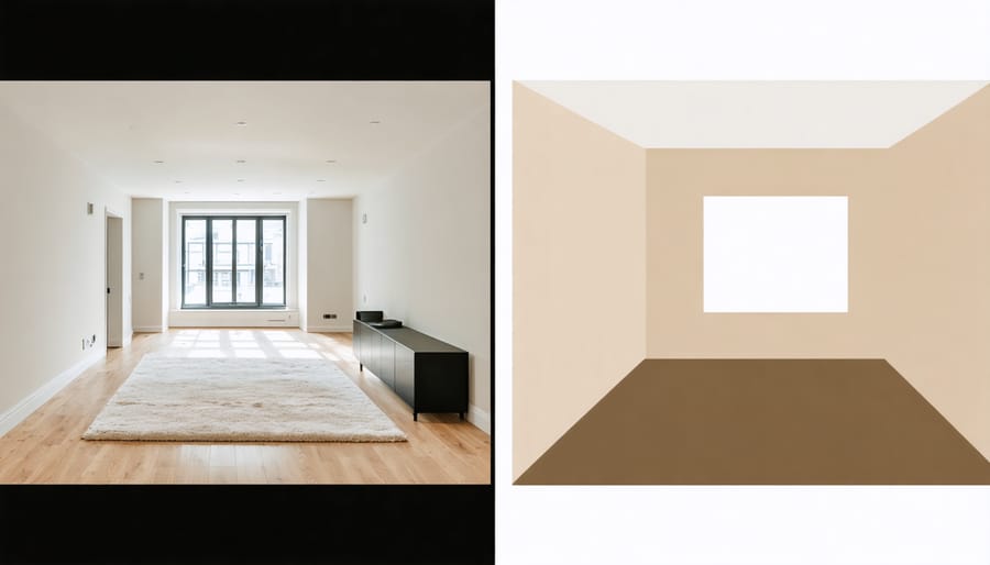 Before and after comparison of a room's real state and virtual reality design