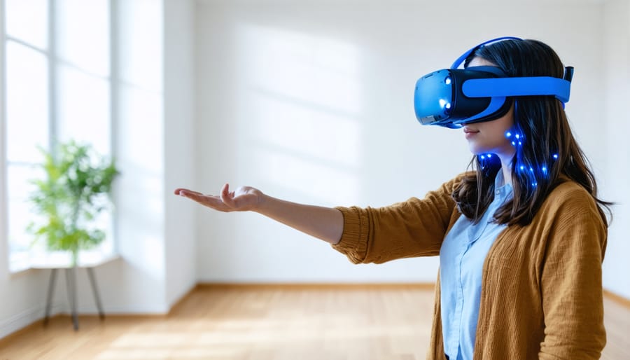 Interior designer using VR headset to visualize furniture placement in an empty space