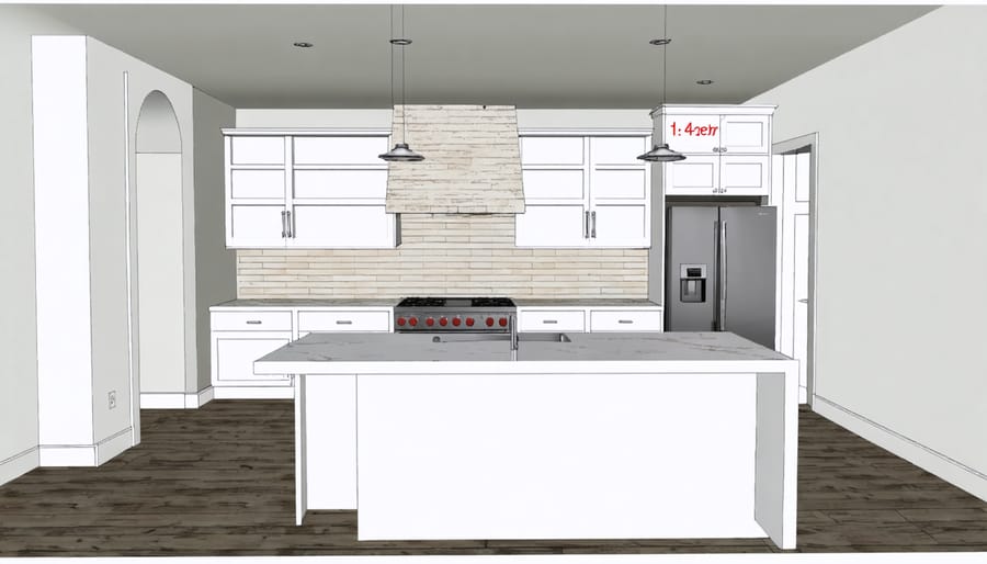 Virtual reality kitchen design with precise measurements and planning annotations