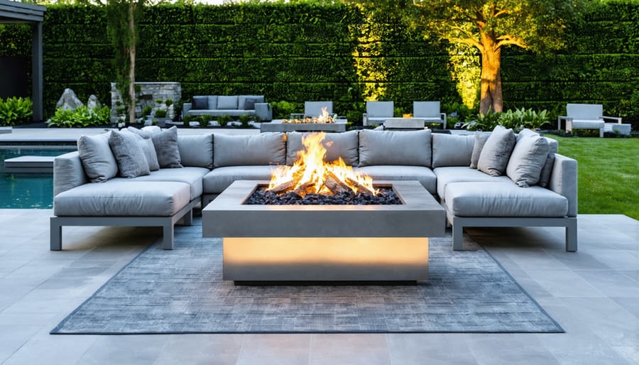 Luxurious outdoor seating area with weather-resistant sofas and chairs around a modern fire pit