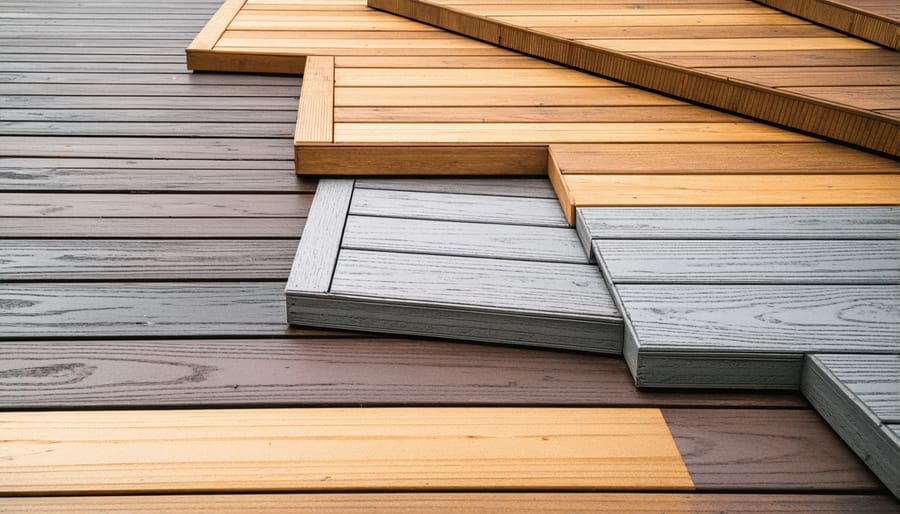 Comparison of different weather-resistant outdoor flooring materials including composite decking and stone pavers