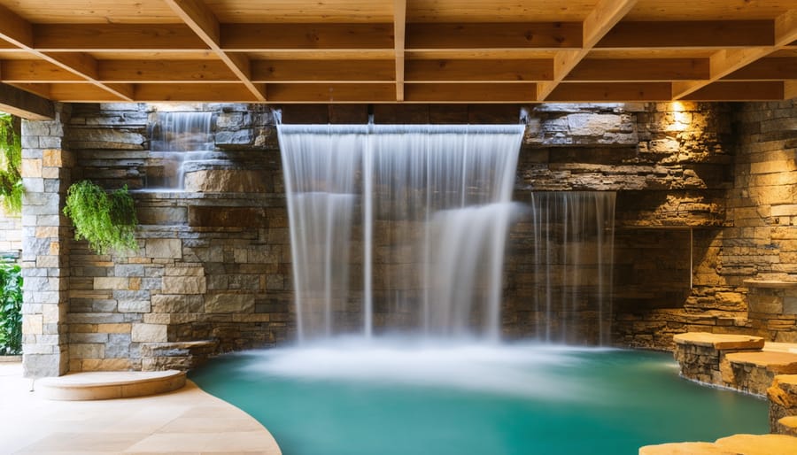 Natural wood beam ceiling structure above stone wall waterfall feature in contemporary home