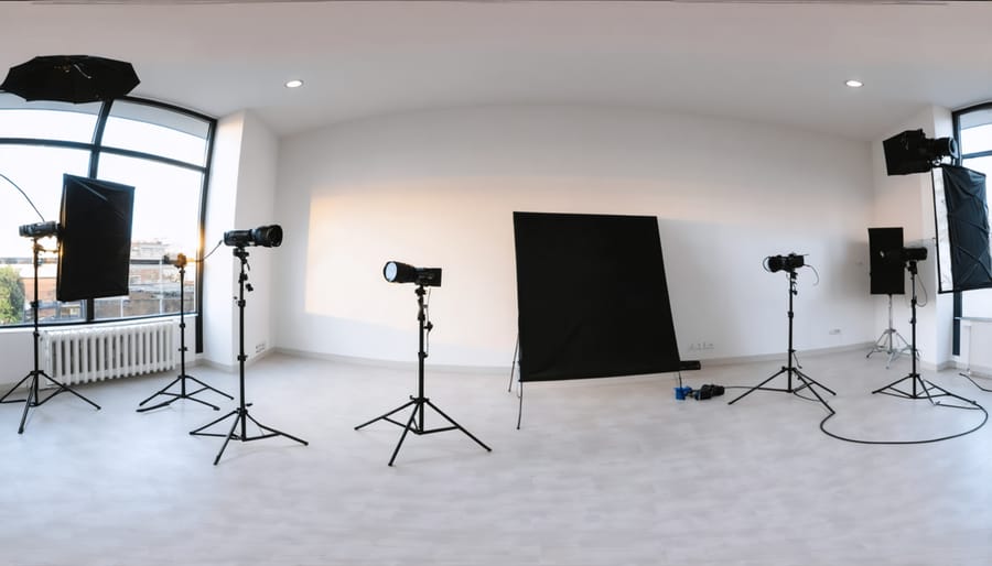 Professional virtual tour photography equipment setup in modern living room