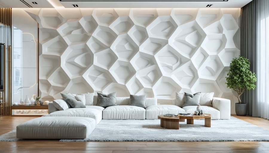 White geometric 3D wall panels creating a dramatic focal point in a contemporary living room