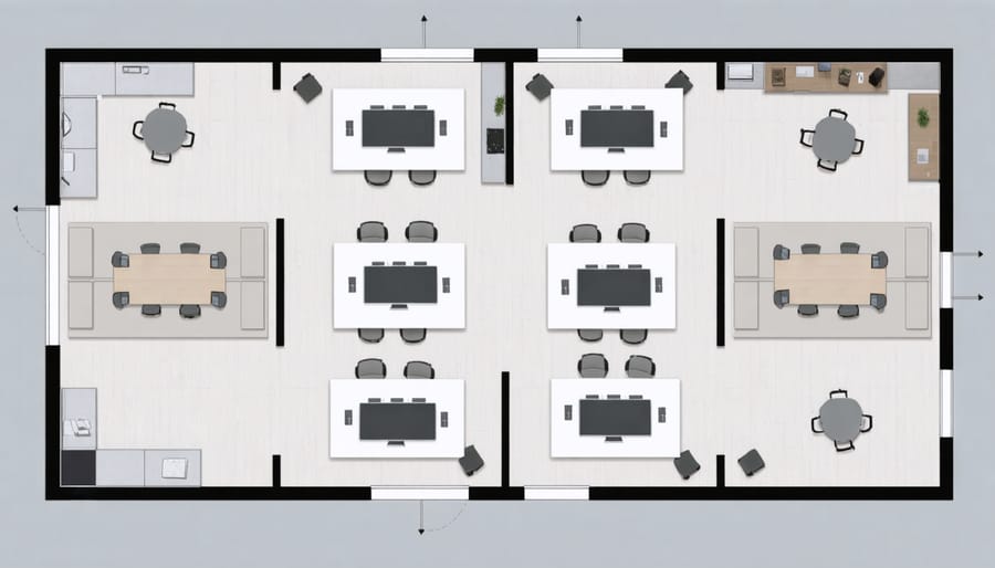 Floor plan diagram of an 8x8 home office with furniture layout and movement patterns