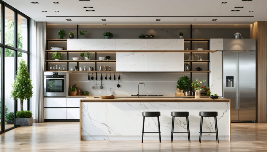 Universal design kitchen with lowered counter section, pull-out drawers, and side-opening oven