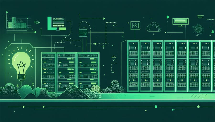 Modern data center with graphical overlay showing carbon footprint and energy consumption statistics