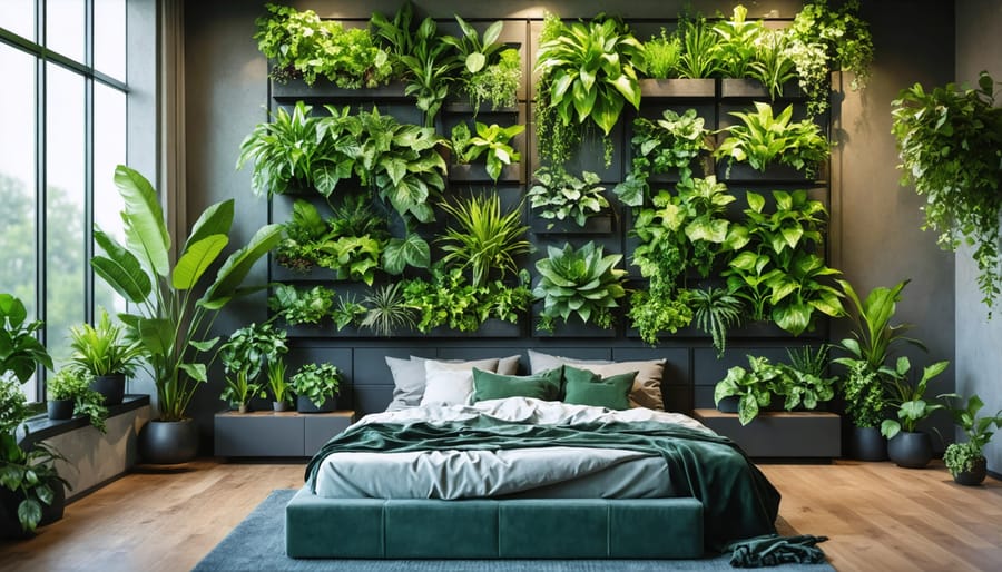 Vertical garden wall in bedroom displaying multiple types of indoor plants in an artistic arrangement