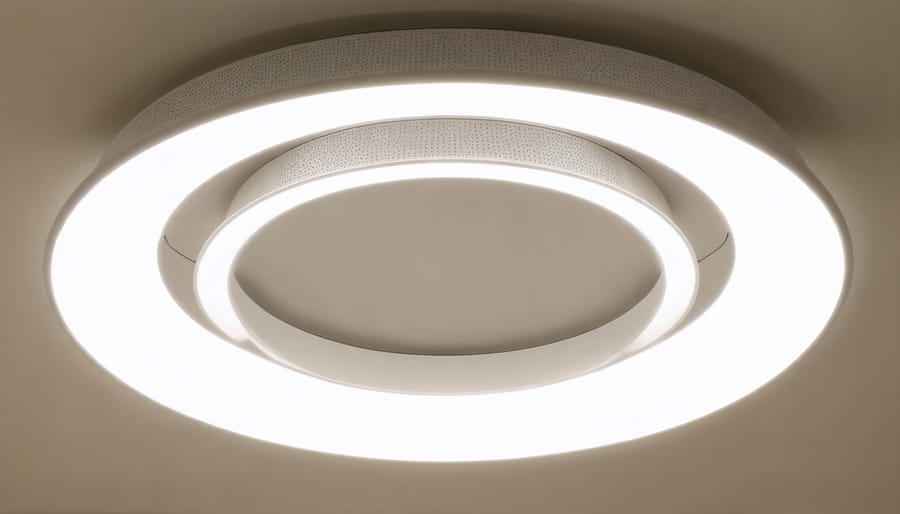 Sleek bladeless ceiling fan featuring a contemporary ring design with integrated LED lighting