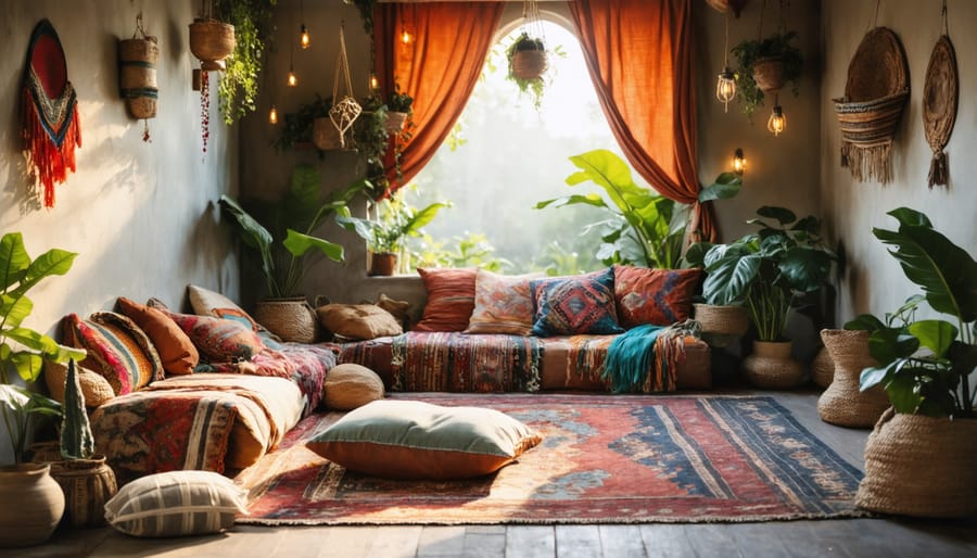 Colorful bohemian room with patterned rugs, throw pillows, and diverse decorative elements