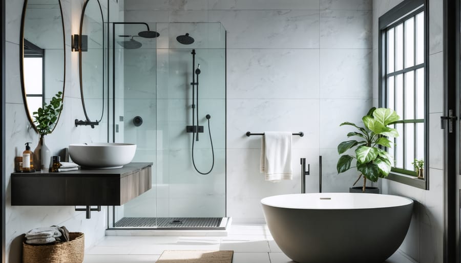 Modern accessible bathroom with designer grab bars, walk-in shower, and contrasting wall tiles