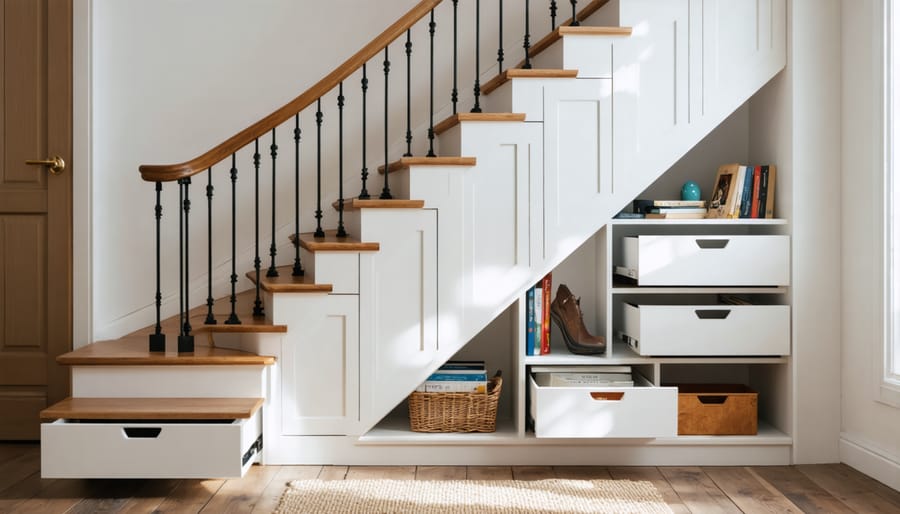 Custom-built storage drawers utilizing space under stairs in small apartment