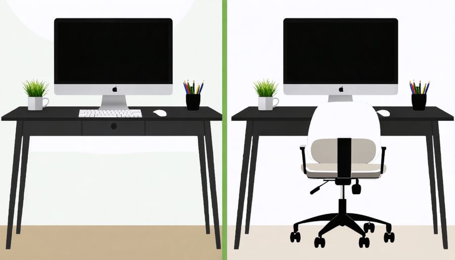 Comparison diagram showing correct ergonomic desk setup versus common incorrect postures