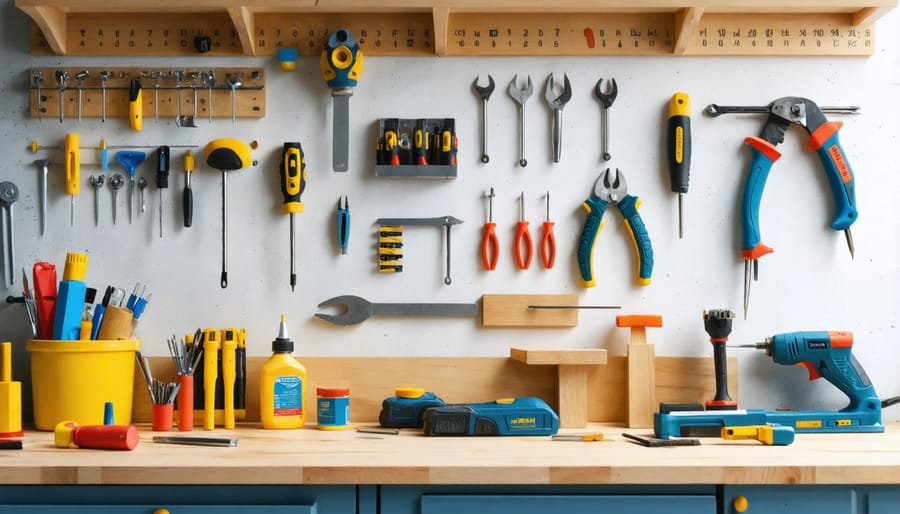 Collection of basic furniture repair tools neatly arranged on a wooden workbench