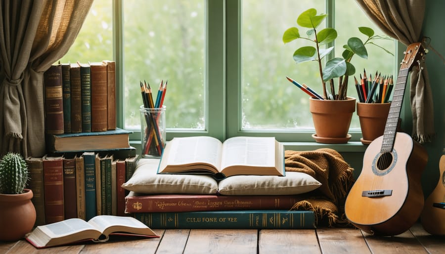 Artistic arrangement of hobby-related items in a modern home corner setting