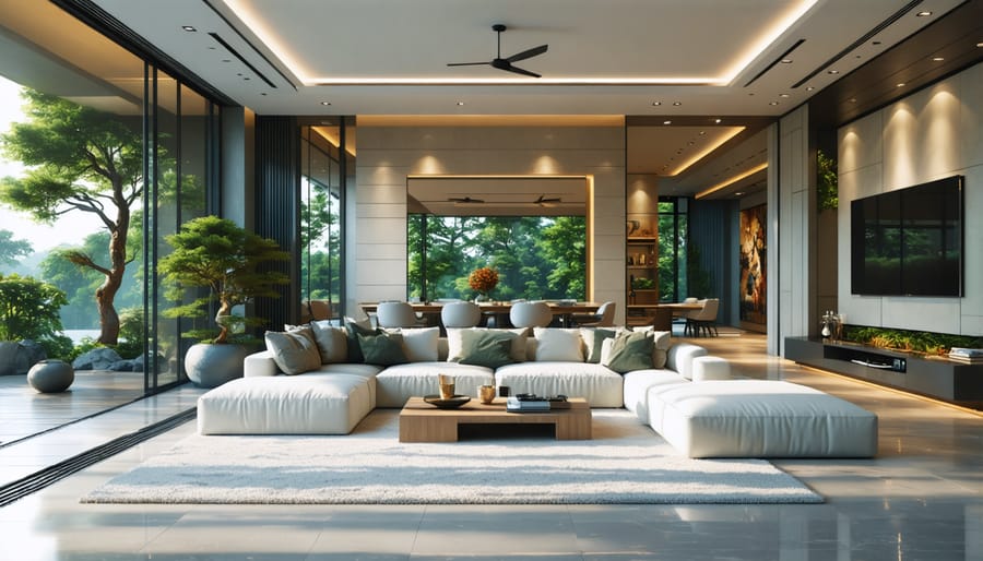 Open-concept living room featuring wide walkways, mixed-height furniture, and visible smart home panel