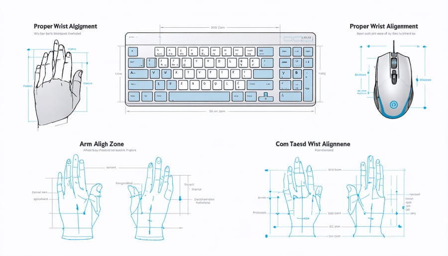 Overhead view of ergonomic keyboard and mouse placement with marked reach zones