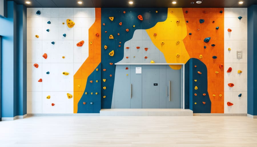 Stylish entrance featuring a designer climbing wall installation with safety elements