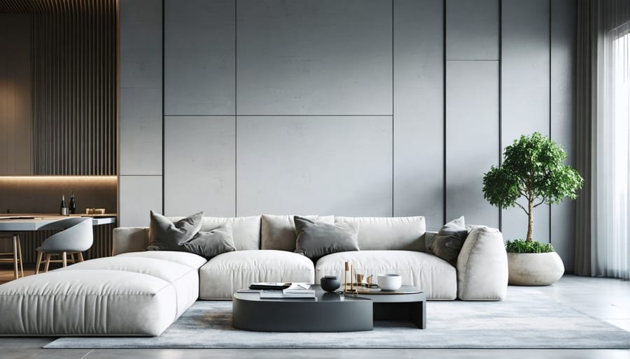 Modern minimalist living room with white walls, grey sofa, and simple geometric decor