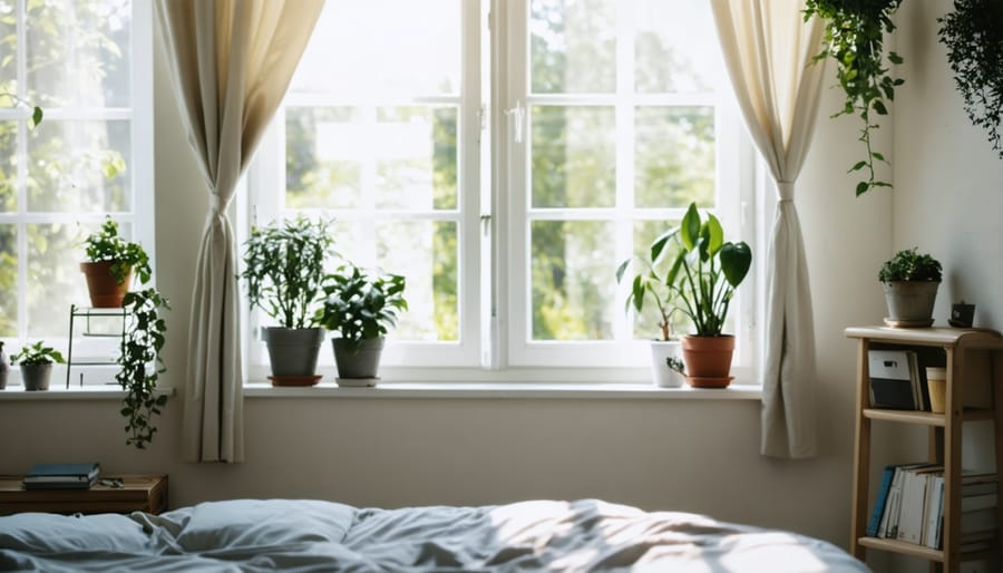 Sun-filled bedroom with floor-to-ceiling windows, flowing white curtains, and indoor plants creating a natural atmosphere