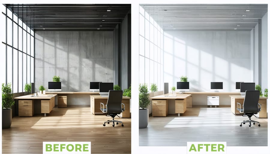 Side-by-side comparison showing the impact of lighting and mirrors in a small office space