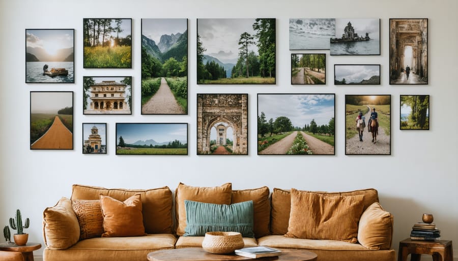 Gallery wall displaying diverse personal mementos including travel photos, cultural art pieces, and family photographs