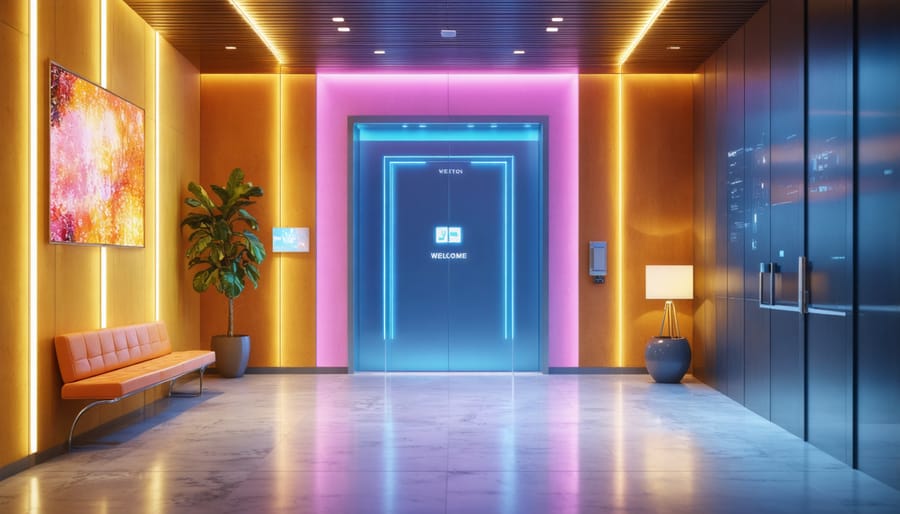 Contemporary home entrance with colorful smart lighting and interactive display panel