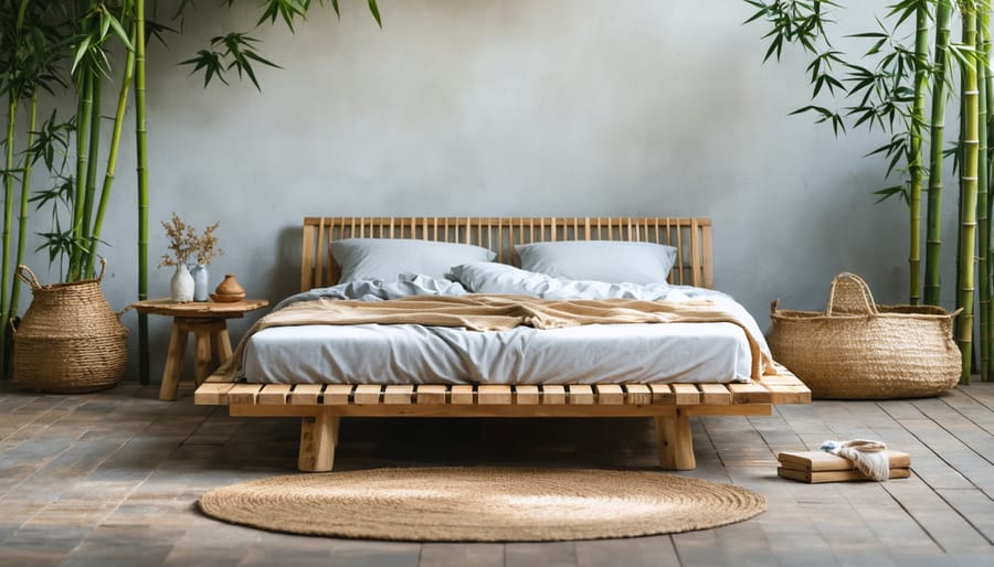 Eco-friendly bedroom furniture featuring wooden bed frame, organic bedding, and natural fiber accessories