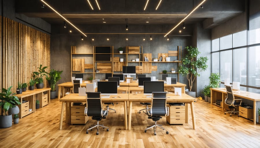 Sustainable modern office interior with bamboo furniture and reclaimed wood elements