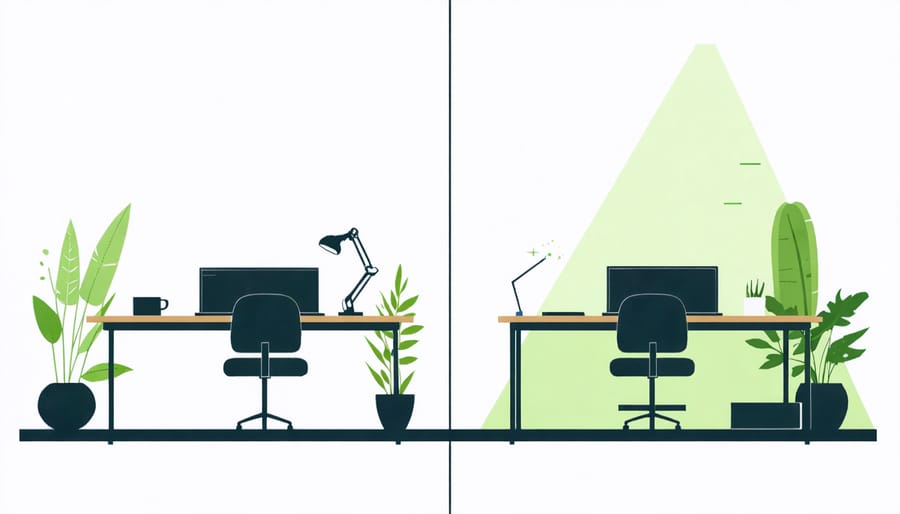 Infographic comparing health benefits between conventional and sustainable office environments