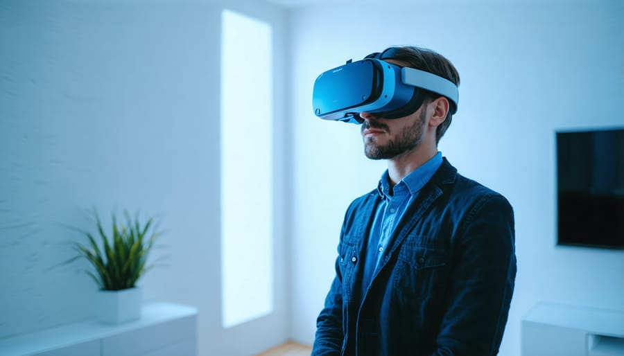 Interior designer wearing VR headset and using hand controllers to modify a virtual room design