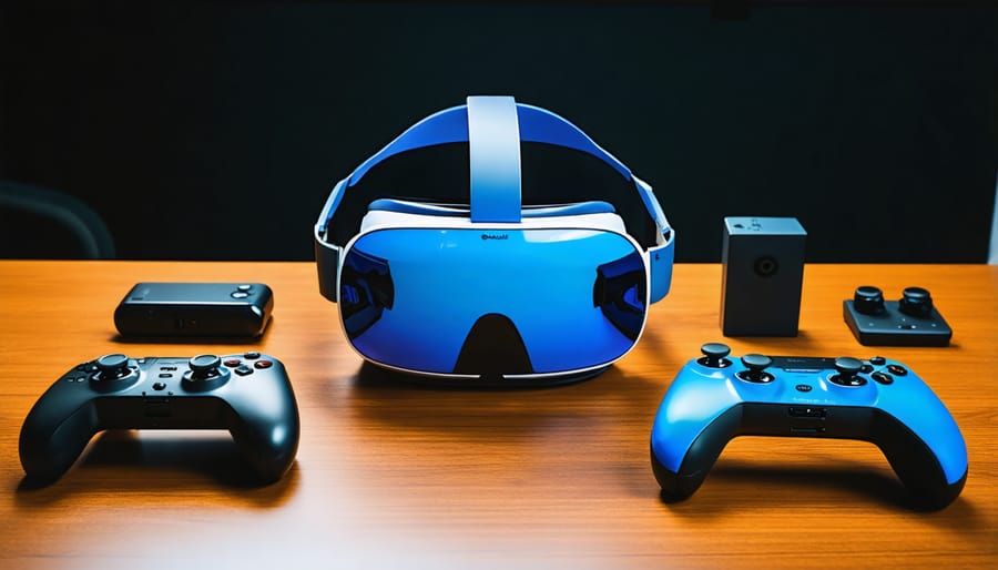 Professional VR equipment setup showing headset, controllers, and tracking devices