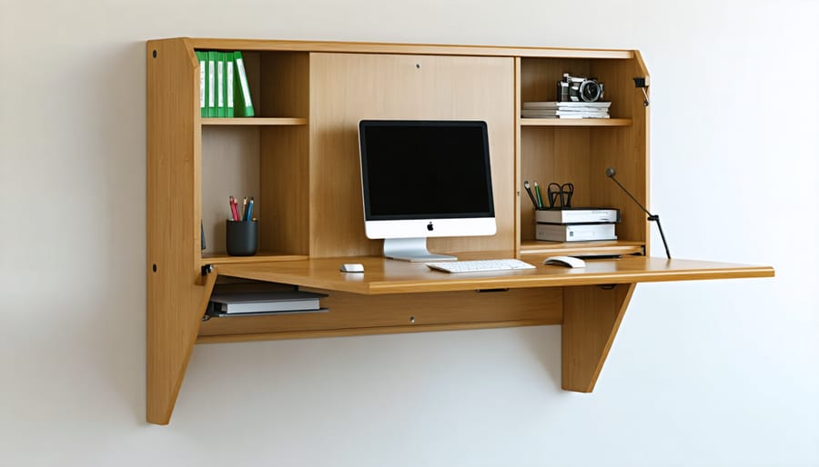 Modern fold-down desk mounted on wall with integrated storage and lighting