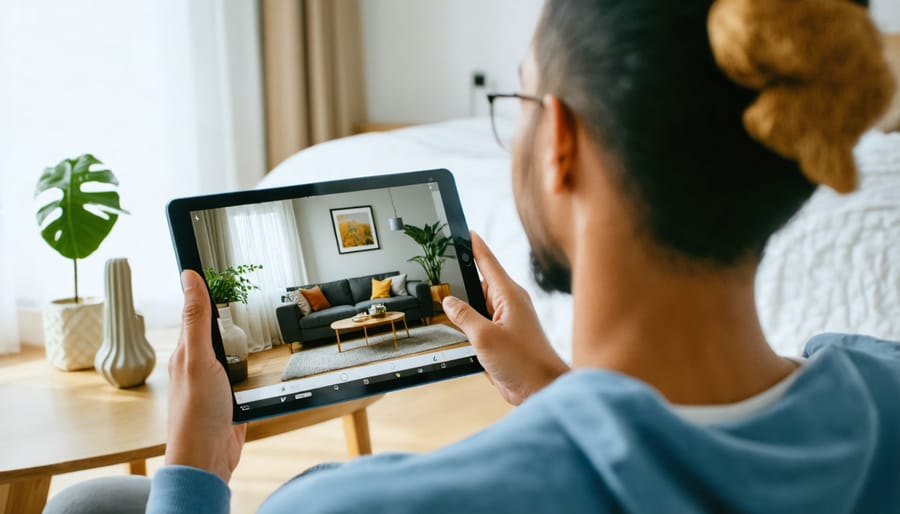 Woman using Wayfair's AR app to preview a sofa in her living room