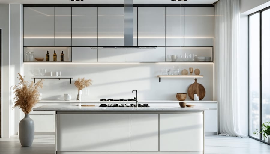 Elegant white kitchen design featuring multiple white tones and textures