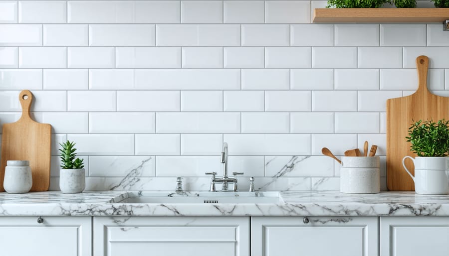 Detailed view of various white kitchen textures and materials